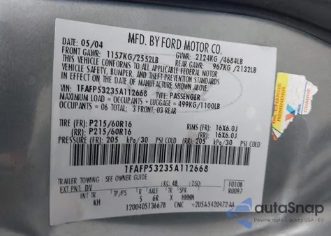 2005 Ford Taurus Se z USA, uszkodzony, nr VIN 1FAFP53235A112668